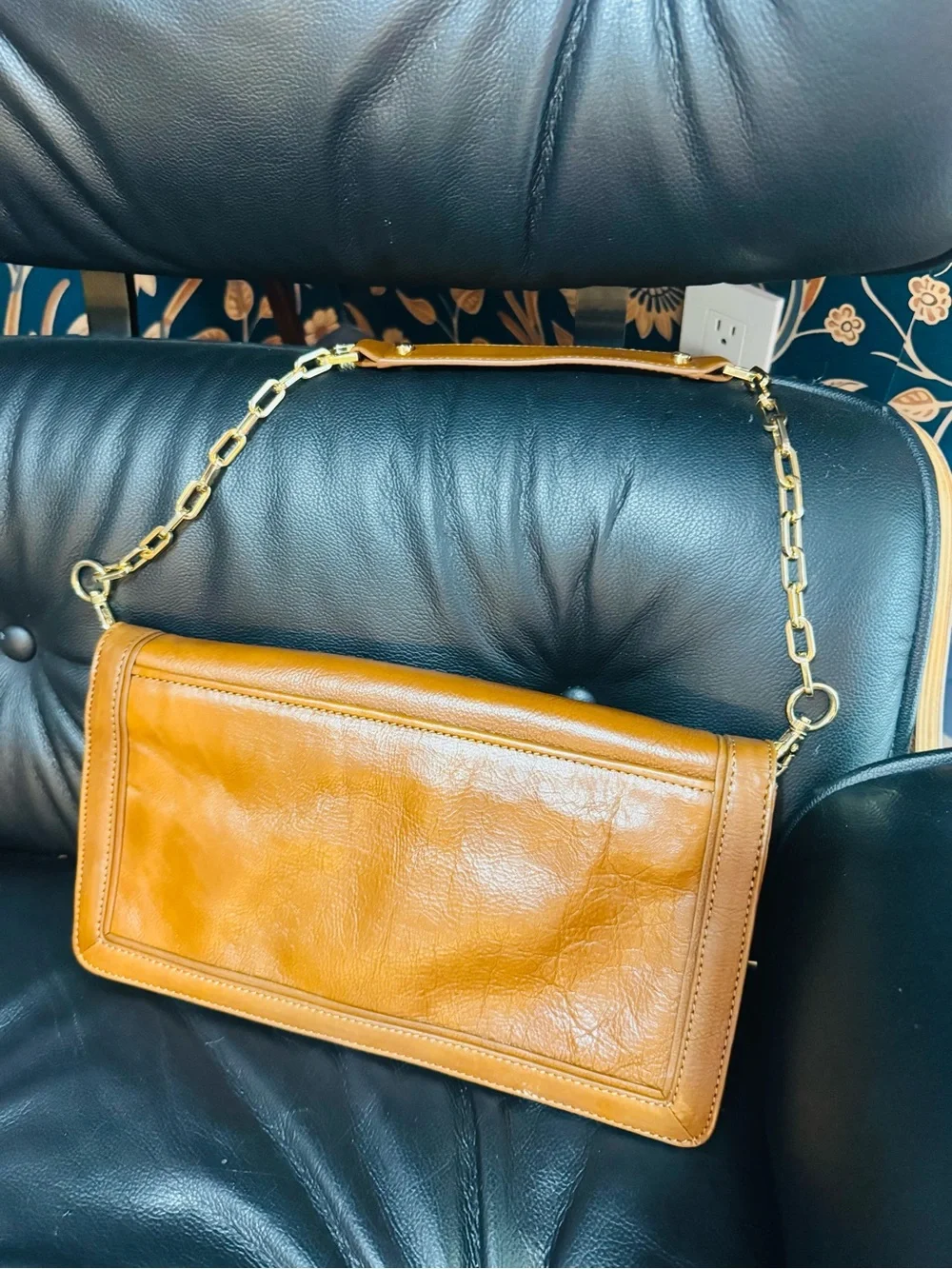 Tory Burch Amanda Leather Shoulder Bag Clutch | Luggage Brown + Gold | Dust Bag